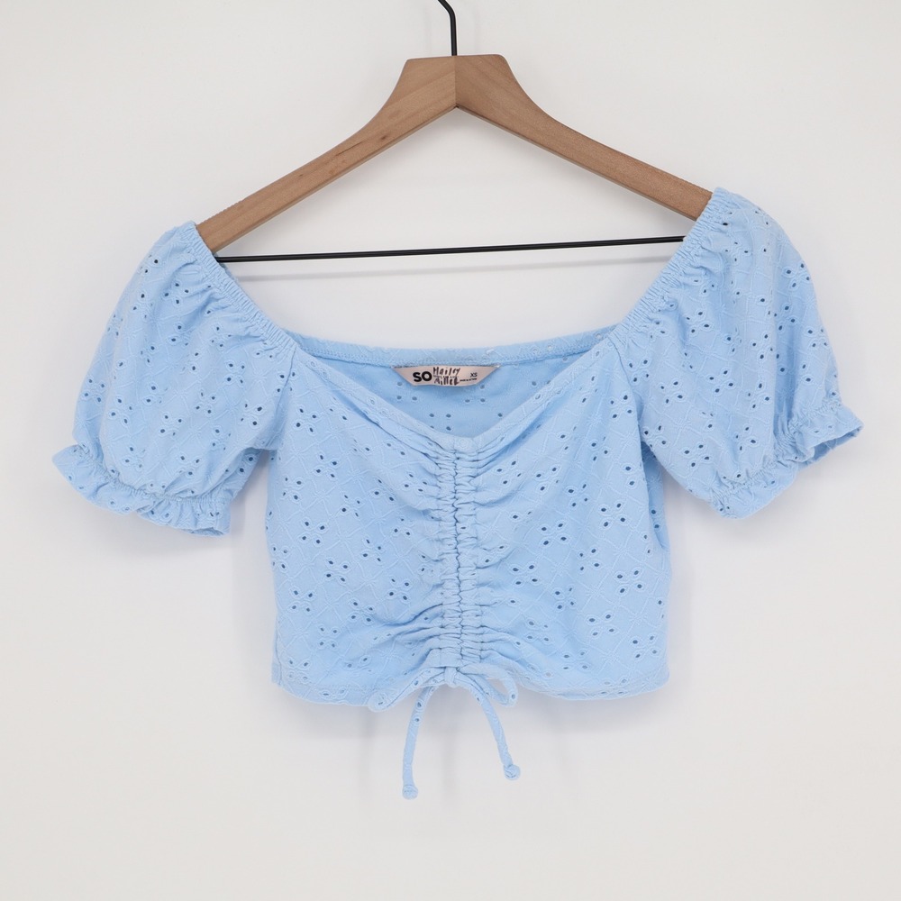 SO Crop Top Womens XS Eyelet Cinched Front Light Blue Puff Sleeve Good